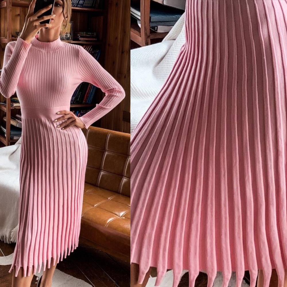 Fall mock neck ribbed knit sweater midi dress Pink - Picture 14 of 15